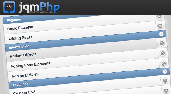 HTML Generator for jQuery Mobile Framework: jqmPhp