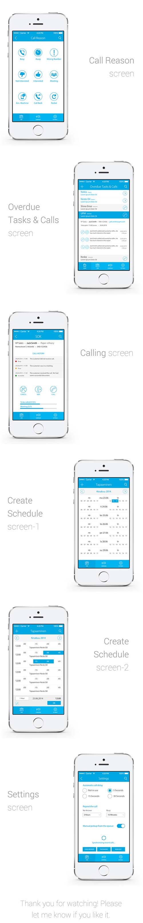 CRM Calling & Scheduling App Design (iOS, Android, Win)
