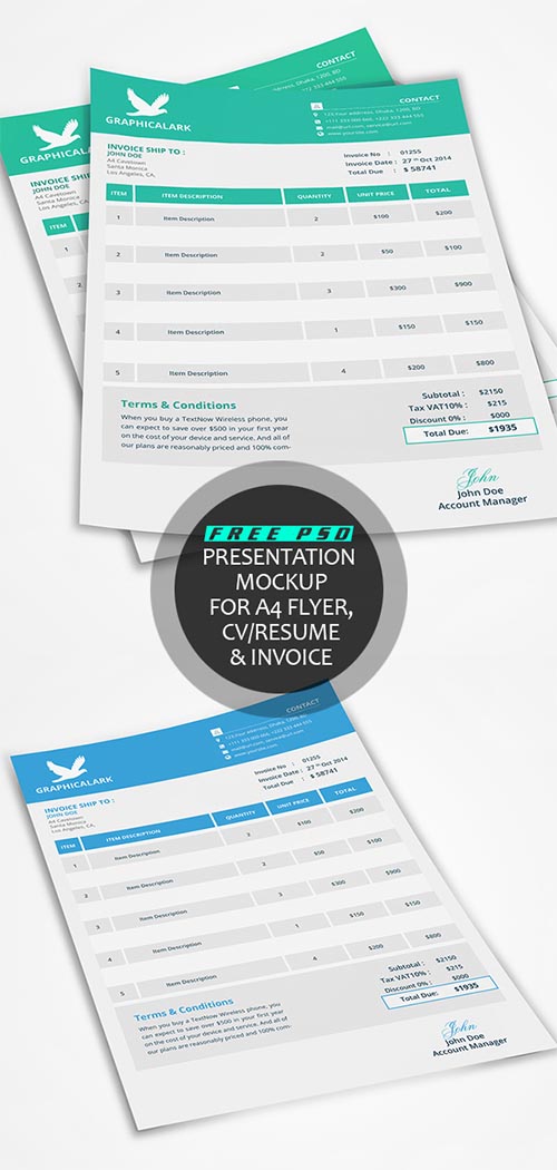 Free PSD Presentation Mockup for A4 Flyer, CV/ Resume & Invoice