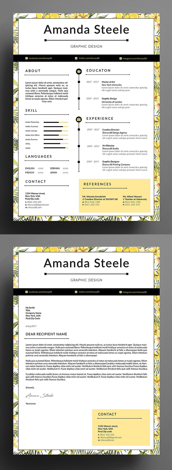 Yellow Floral Resume Template