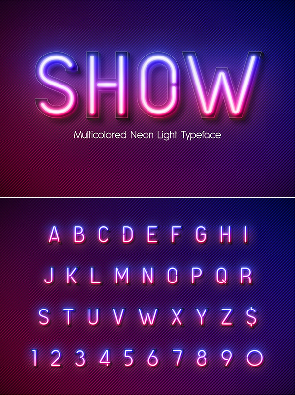 Neon light alphabet multicolored