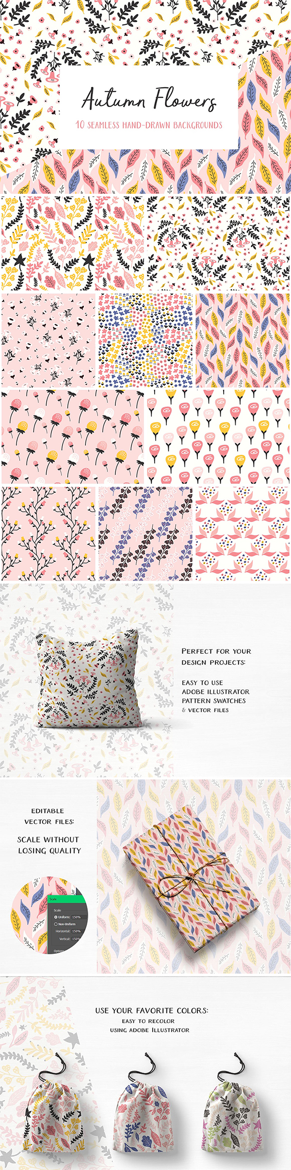 Free Download Beautiful Flowers Seamless Patterns For Designers