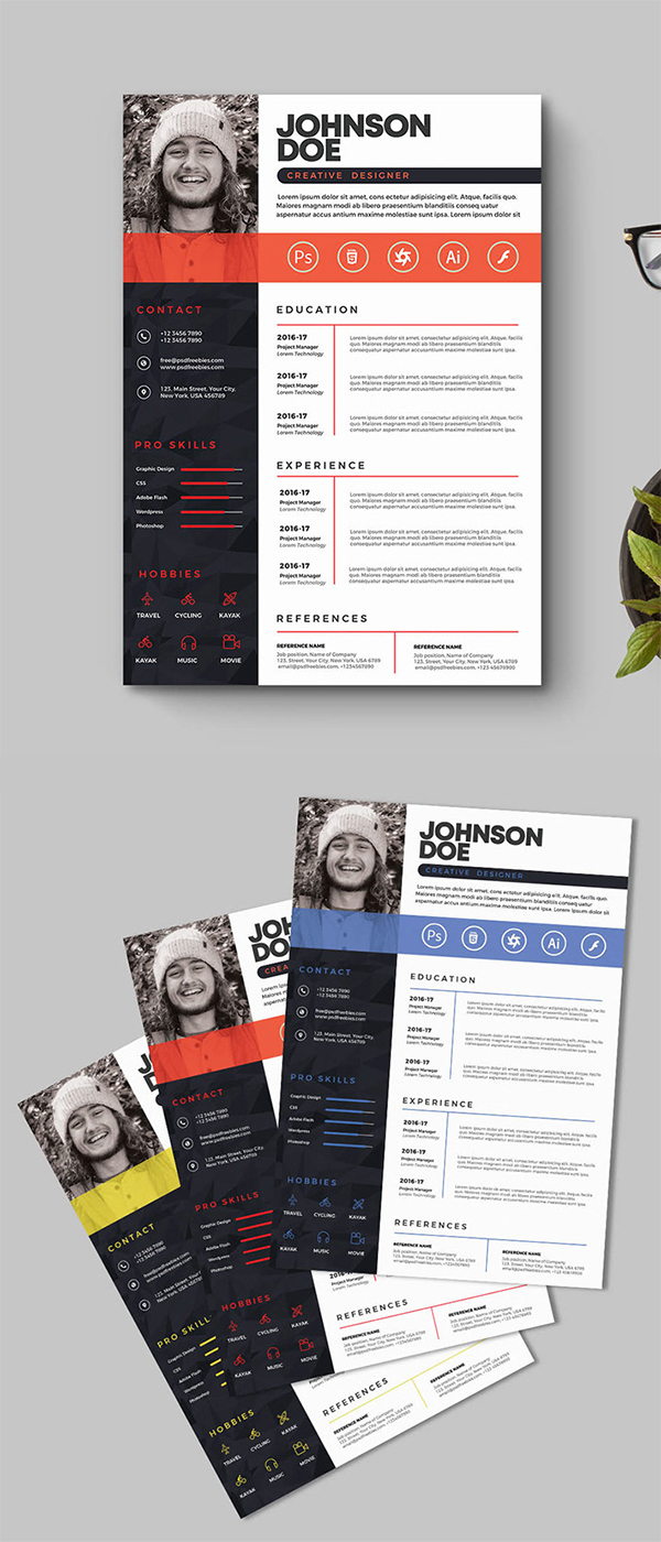 Free Download Creative Resume / CV Template Design (3 Color Options)