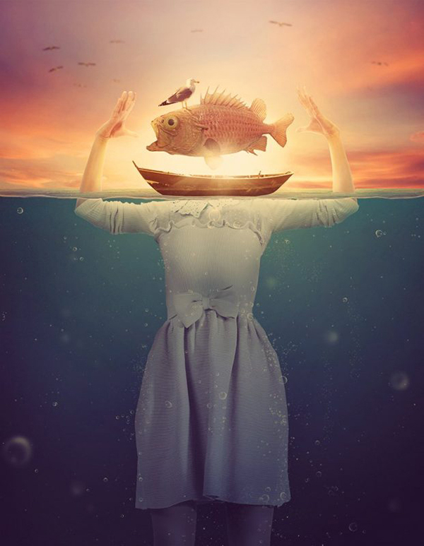 Create Surreal Underwater Scene in Photoshop Featuring a Fish-Head Lady in Photoshop