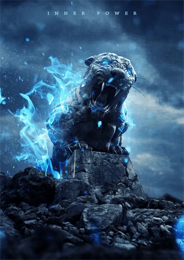 How to Create an Intense Composite of a Stone Tiger with Blue Flames