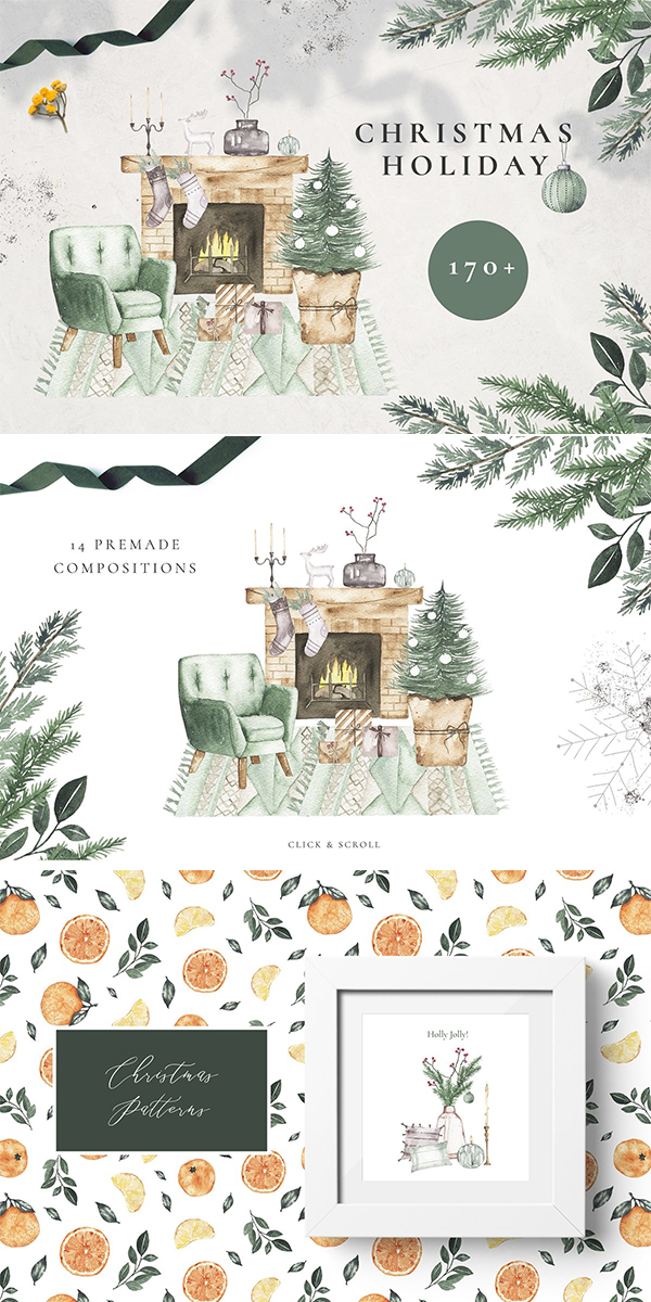 Elegant Watercolor Christmas Holiday set