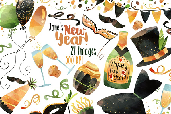 Watercolor New Years Clipart